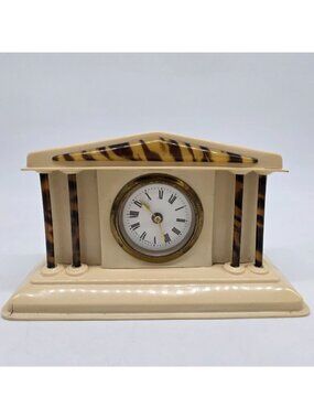 Vintage Mantel Clock Celluloid & Tortoise Shell Columns Germany Working